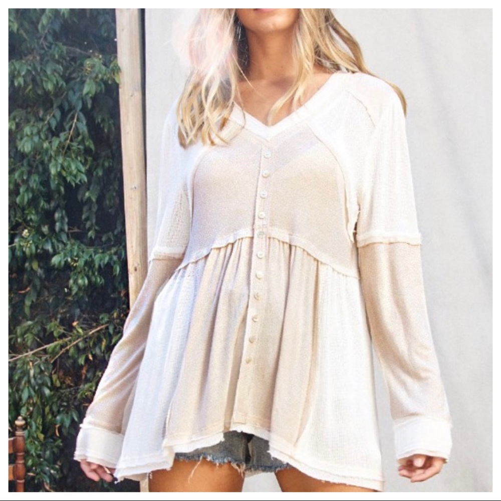 Two Tone Raw Cut Edging Flowy boho Top - Picture 2 of 7